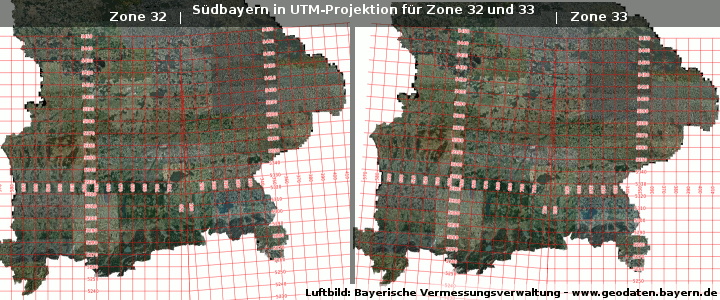Südbayern mit UTM-Gitter Zone 32 und 33